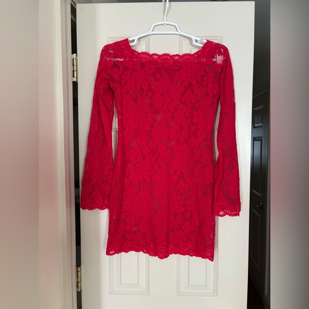 Victoria’s Secret Red Lace Long-Sleeve Lingerie Dress – Bell Sleeve Detail